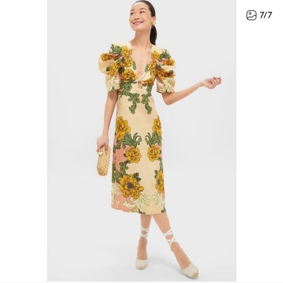 FARM Rio Dresses & Skirts - ✅ Farm Rio Linen Floral Arabesque Puff Sleeve Midi Dress – XSmall